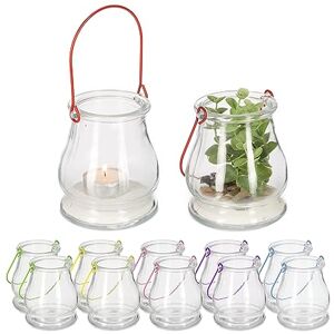 Relaxdays Candle Lanterns, Set of 12, Glass, Coloured Handles, Tealight Holders, 10 x 8.5 cm, Indoors & Outdoors, Clear Relaxdays Candle Lanterns, Set of 12, Glass, Coloured Handles, Tealight Holders, 10 x 8.5 cm, Indoors & Outdoors, Clear