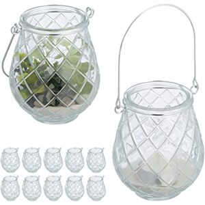 Relaxdays Candle Lanterns, Set of 12, Glass, with Handle, Indoor & Outdoor, Tealight Holders, 10 x 8.5 cm, Clear/Silver Relaxdays Candle Lanterns, Set of 12, Glass, with Handle, Indoor & Outdoor, Tealight Holders, 10 x 8.5 cm, Clear/Silver
