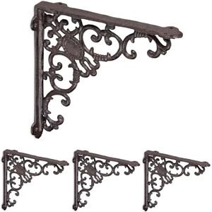 Relaxdays Shelf Brackets, Set of 4, Cast Iron, Antique Style Supports, for Wall-Mounted Shelves, 21.5x4x21.5 cm, Brown Relaxdays Shelf Brackets, Set of 4, Cast Iron, Antique Style Supports, for Wall-Mounted Shelves, 21.5x4x21.5 cm, Brown