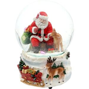 Dekohelden24 Snow globe sitting Santa Claus with deer on white base, decorated with deer and Christmas sleigh, with musical mechanism, melody white Christmas, L/W/H/Ø ball 10 x 11 x 15 cm, diameter 10 cm. Dekohelden24 Snow globe sitting Santa Claus with deer on white base, decorated with deer and Christmas sleigh, with musical mechanism, melody white Christmas, L/W/H/Ø ball 10 x 11 x 15 cm, diameter 10 cm.