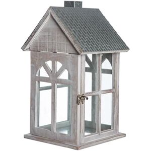 GILDE Branco Glass Lantern Wood and Metal House Shape Height 39 cm Silver and White GILDE Branco Glass Lantern Wood and Metal House Shape Height 39 cm Silver and White