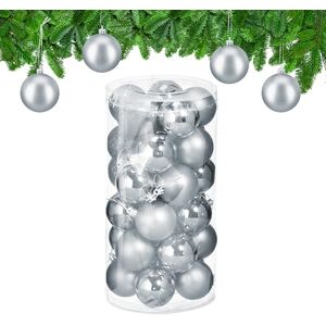 Relaxdays Christmas Bauble Set of 30, Glittery, Matt & Shiny Ornaments, Plastic Xmas Tree Balls, HxD: 7 x 6 cm, Silver Relaxdays Christmas Bauble Set of 30, Glittery, Matt & Shiny Ornaments, Plastic Xmas Tree Balls, HxD: 7 x 6 cm, Silver