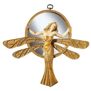Design Toscano Dragonfly Art Deco Wall Mirror Sculpture, 33 cm, Polyresin, Gold and Ivory Design Toscano Dragonfly Art Deco Wall Mirror Sculpture, 33 cm, Polyresin, Gold and Ivory