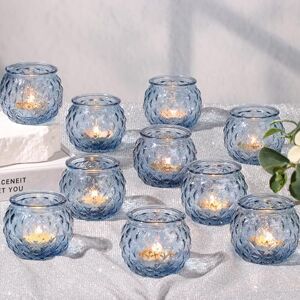 DARJEN Blue Votive Candle Holders Set of 24- Round Glass Candle Holders Bulk for Tea Light Candle, Diamond Texture Candle Votives for Wedding Centerpiece, Party & Home Decor DARJEN Blue Votive Candle Holders Set of 24- Round Glass Candle Holders Bulk for Tea Light Candle, Diamond Texture Candle Votives for Wedding Centerpiece, Party & Home Decor