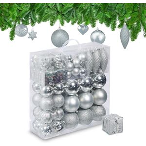 Relaxdays Christmas Bauble Set of 110, Glittery, Matt & Shiny Ornaments, Plastic Xmas Tree Balls, HxD: 9 x 8 cm, Silver Relaxdays Christmas Bauble Set of 110, Glittery, Matt & Shiny Ornaments, Plastic Xmas Tree Balls, HxD: 9 x 8 cm, Silver
