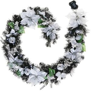 WeRChristmas Pre-Lit Decorated Black Garland – 6 ft, White and Silver Poinsettias, 30 White LED Lights, Battery Powered WeRChristmas Pre-Lit Decorated Black Garland – 6 ft, White and Silver Poinsettias, 30 White LED Lights, Battery Powered
