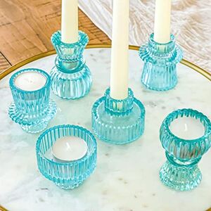 Kate Aspen Vintage Ribbed Blue Glass Candlestick Holders, Pillar Candle, Tealight & Votive Candle Holders (Set of 6, 3 Assorted Sizes), Dining Table Decor, Shelf Decor, Centerpiece Kate Aspen Vintage Ribbed Blue Glass Candlestick Holders, Pillar Candle, Tealight & Votive Candle Holders (Set of 6, 3 Assorted Sizes), Dining Table Decor, Shelf Decor, Centerpiece