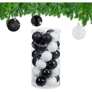Relaxdays 30x Christmas Bauble Glittery, Matt & Shiny Ornaments, Plastic Xmas Tree Balls, HxD: 7 x 6 cm, Black/White Relaxdays 30x Christmas Bauble Glittery, Matt & Shiny Ornaments, Plastic Xmas Tree Balls, HxD: 7 x 6 cm, Black/White