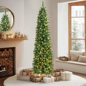 VeryMerry 5FT Pre Lit Christmas Tree Aspen Slim Pencil Tree with 200 Built-In Warm White LED Lights with Auto-Off Timer, 8 Lighting Modes and Foldable Metal Stand VeryMerry 5FT Pre Lit Christmas Tree Aspen Slim Pencil Tree with 200 Built-In Warm White LED Lights with Auto-Off Timer, 8 Lighting Modes and Foldable Metal Stand