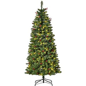HOMCOM 5FT Prelit Artificial Pencil Christmas Tree with Warm White LED Light, Red Berry, Holiday Home Xmas Decoration, Green HOMCOM 5FT Prelit Artificial Pencil Christmas Tree with Warm White LED Light, Red Berry, Holiday Home Xmas Decoration, Green