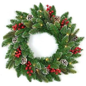SHATCHI 55cm Christmas Door Wreath Prelit Decorative with Warm White LED Lights Berries Pine Cones Flocked Tips Artificial Luxury Natural Looking Wall Hanging Decoration SHATCHI 55cm Christmas Door Wreath Prelit Decorative with Warm White LED Lights Berries Pine Cones Flocked Tips Artificial Luxury Natural Looking Wall Hanging Decoration