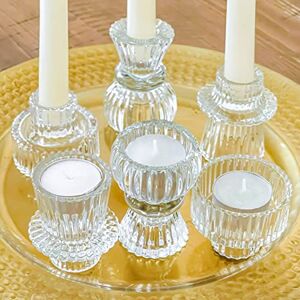 Kate Aspen Dual Sided Vintage Ribbed Glass Clear Candlestick Holders, Pillar Candle, Reversible Tealight & Votive Candle Holders (Set of 6, 3 Sizes), Dining Table Decor, Shelf Decor, Centerpiece Kate Aspen Dual Sided Vintage Ribbed Glass Clear Candlestick Holders, Pillar Candle, Reversible Tealight & Votive Candle Holders (Set of 6, 3 Sizes), Dining Table Decor, Shelf Decor, Centerpiece