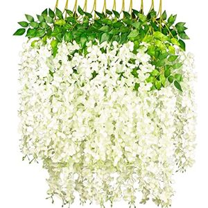 OUKEYI 12 Pcs Artificial Wisteria Flowers Garland, 3.6 FT Silk Fake Flowers Hanging Vine for Indoor Outdoor Home Garden Christmas Wedding Party Decoration (White) OUKEYI 12 Pcs Artificial Wisteria Flowers Garland, 3.6 FT Silk Fake Flowers Hanging Vine for Indoor Outdoor Home Garden Christmas Wedding Party Decoration (White)