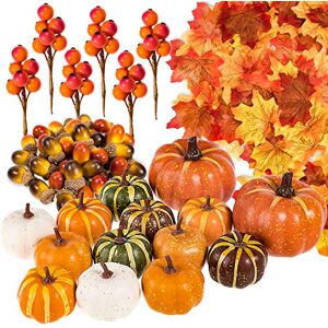 Whaline 160 Pcs Autumn Artificial Maple Leaves, Harvest Pumpkins, Gourds, Acorns and Orange Berry Stems Set, Fall and Thanksgiving Home Table Decoration Halloween Party Decor Whaline 160 Pcs Autumn Artificial Maple Leaves, Harvest Pumpkins, Gourds, Acorns and Orange Berry Stems Set, Fall and Thanksgiving Home Table Decoration Halloween Party Decor