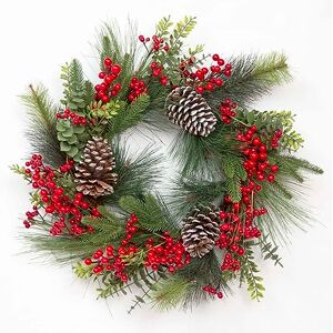 SHATCHI Prelit Battery Operated Christmas Wreath 60cm Decorated with Red Berries, Pine Cones, Mixes Pine Tips Front Door Room Wall Home Hanging Xmas Decorations SHATCHI Prelit Battery Operated Christmas Wreath 60cm Decorated with Red Berries, Pine Cones, Mixes Pine Tips Front Door Room Wall Home Hanging Xmas Decorations