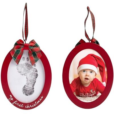 Pearhead Babyprints Double-Sided Christmas Ornament, First Holiday Keepsake Frame with Clean-Touch Ink Pad, Newborn Handprint Footprint Kit, Infant Photo Decoration, Red Pearhead Babyprints Double-Sided Christmas Ornament, First Holiday Keepsake Frame with Clean-Touch Ink Pad, Newborn Handprint Footprint Kit, Infant Photo Decoration, Red