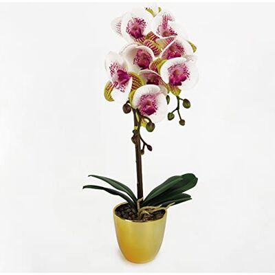 Leaf 48cm Harlequin Orchid Artificial - Pink with Gold Pot - Artificial Orchid Plant Leaf 48cm Harlequin Orchid Artificial - Pink with Gold Pot - Artificial Orchid Plant