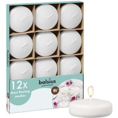 BOLSIUS - Floating Candles Maxi - White - 12 pcs - Ø 7.6cm - 8h burn - Unscented - Paraffin wax BOLSIUS - Floating Candles Maxi - White - 12 pcs - Ø 7.6cm - 8h burn - Unscented - Paraffin wax