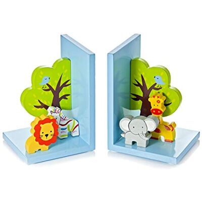 Mousehouse Gifts Blue Safari Wooden Children's Bookends, Charming Kids' Room Decor for Boys & Girls Mousehouse Gifts Blue Safari Wooden Children's Bookends, Charming Kids' Room Decor for Boys & Girls