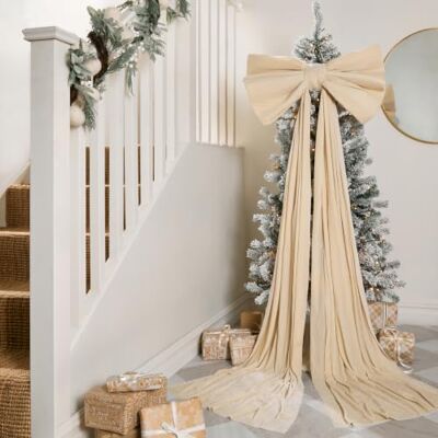 OHS Statement Velvet Christmas Tree Bow Large Tree Topper Decoration, Cream Large Velvet Cream Statement Bow for Christmas Tree, Tree Topper or Wreath Styling, Ready To Use OHS Statement Velvet Christmas Tree Bow Large Tree Topper Decoration, Cream Large Velvet Cream Statement Bow for Christmas Tree, Tree Topper or Wreath Styling, Ready To Use