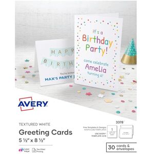 Avery Printable Greeting Cards, Half-Fold, 5.5" x 8.5", Textured White, 30 Blank Cards with Envelopes (3378) Avery Printable Greeting Cards, Half-Fold, 5.5" x 8.5", Textured White, 30 Blank Cards with Envelopes (3378)