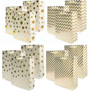 UNIQOOO 12Pcs Assorted Gold Foil Metallic Gift Bags Bulk Ribbon Handle, for Christmas Easter Wedding Birthday Party Favor Paper Bag, Large UNIQOOO 12Pcs Assorted Gold Foil Metallic Gift Bags Bulk Ribbon Handle, for Christmas Easter Wedding Birthday Party Favor Paper Bag, Large