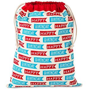 Hallmark 20" Extra Large (Happy Birthday) Reusable Wrap for Kids, Adults, Grandchildren Fabric Drawstring Gift Bag, X, Red and Blue Flags Hallmark 20" Extra Large (Happy Birthday) Reusable Wrap for Kids, Adults, Grandchildren Fabric Drawstring Gift Bag, X, Red and Blue Flags