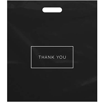 Purple Q Crafts Large Plastic Shopping Bags with Thank You Logo 16" x 18" Choose 50 or 100 Pack, Boutique Bags with Handles for Merchandise, Gifts, Black, 100 Count (Pack of 1) Purple Q Crafts Large Plastic Shopping Bags with Thank You Logo 16" x 18" Choose 50 or 100 Pack, Boutique Bags with Handles for Merchandise, Gifts, Black, 100 Count (Pack of 1)