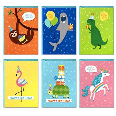 Hallmark Birthday Cards for Kids Assortment, 48 Cards with Envelopes (Dinosaurs, Sloths, Unicorns, Flamingos, Turtles, Sharks) Hallmark Birthday Cards for Kids Assortment, 48 Cards with Envelopes (Dinosaurs, Sloths, Unicorns, Flamingos, Turtles, Sharks)