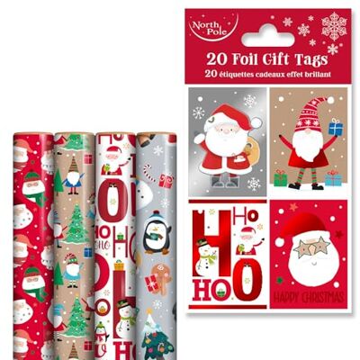 Eurowrap Christmas Cute Festive Gift Wrap and Tags Bundle – 4 x 4m of Wrapping Paper & 20 Matching Foil Gift Tags – Santa, Gonk, Ho Ho Ho & Characters – Perfect for Holiday Presents Eurowrap Christmas Cute Festive Gift Wrap and Tags Bundle – 4 x 4m of Wrapping Paper & 20 Matching Foil Gift Tags – Santa, Gonk, Ho Ho Ho & Characters – Perfect for Holiday Presents