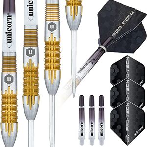 Unicorn Steel Tip Professional Darts Set Pro-Tech Style 1 90% Natural Tungsten Barrels with Golden Accents & Volute Points 22 g Unicorn Steel Tip Professional Darts Set Pro-Tech Style 1 90% Natural Tungsten Barrels with Golden Accents & Volute Points 22 g