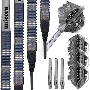 Unicorn Soft Tip Darts Set James 'The Machine' Wade Noir Organic 70% Tungsten Barrels with Black Titanium Coating Epic Tips 18 g Unicorn Soft Tip Darts Set James 'The Machine' Wade Noir Organic 70% Tungsten Barrels with Black Titanium Coating Epic Tips 18 g
