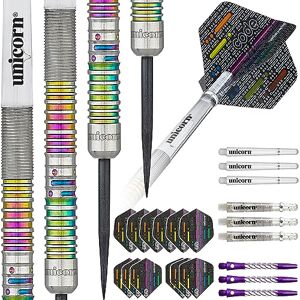 Unicorn Steel Tip Darts Set James 'The Machine' Wade Code 90% Natural Tungsten Barrels with Multicolour Titanium Accents 22 g Unicorn Steel Tip Darts Set James 'The Machine' Wade Code 90% Natural Tungsten Barrels with Multicolour Titanium Accents 22 g
