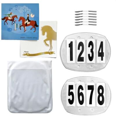 JA Horse JA7001 Race Numbers Head Number Set, 4 Digits, Elastic Band Tournament numbers number holder pair 3-digit order 4-digit horse riding tournament numbers with safety pins, elastic band JA Horse JA7001 Race Numbers Head Number Set, 4 Digits, Elastic Band Tournament numbers number holder pair 3-digit order 4-digit horse riding tournament numbers with safety pins, elastic band