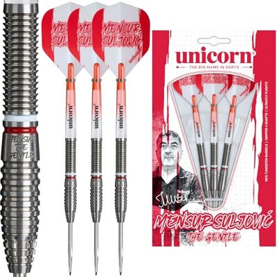 Unicorn Mensur Suljović 95% Tungsten Barrels Torpedo Barrels with Red & White Rings Steel Tip Darts Set The Gentle Silver Volute Points 21g, 23g or 25g Unicorn Mensur Suljović 95% Tungsten Barrels Torpedo Barrels with Red & White Rings Steel Tip Darts Set The Gentle Silver Volute Points 21g, 23g or 25g
