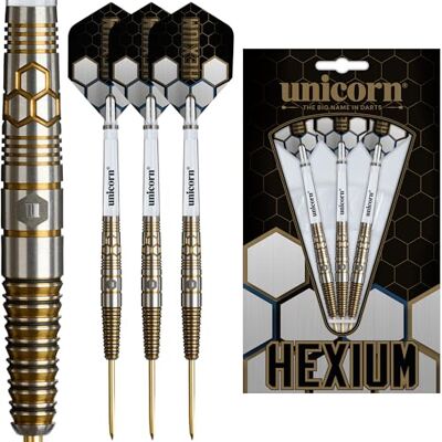 Unicorn Hexium 90% Tungsten Black Bomb/Spring Onion Front-Loaded Barrels with Gold Rings Steel Tip Darts Set Noir Black Volute Points 22g, 23g, 24g, 25g or 26g Unicorn Hexium 90% Tungsten Black Bomb/Spring Onion Front-Loaded Barrels with Gold Rings Steel Tip Darts Set Noir Black Volute Points 22g, 23g, 24g, 25g or 26g