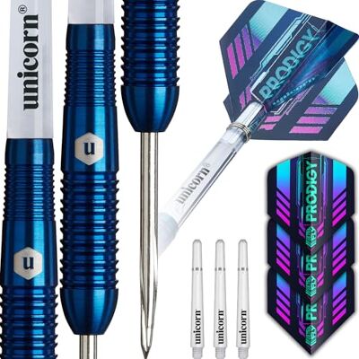 Unicorn Darts Set U-Tech Prodigy 95% Tungsten Barrels with Navy Blue Titanium PVD Coating & Intricately Machined Grip Rings Durable Ultrafly Flights Steel Tip Volute Points Unicorn Darts Set U-Tech Prodigy 95% Tungsten Barrels with Navy Blue Titanium PVD Coating & Intricately Machined Grip Rings Durable Ultrafly Flights Steel Tip Volute Points