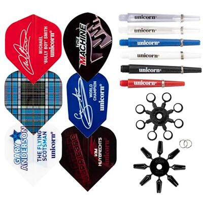 Unicorn Pro Team Darts Tune-Up Kit 6 Sets of Flights, 12 Shafts, 8 Locking Rings, 8 Flight Protectors, 12 Shaft Springs Unicorn Pro Team Darts Tune-Up Kit 6 Sets of Flights, 12 Shafts, 8 Locking Rings, 8 Flight Protectors, 12 Shaft Springs