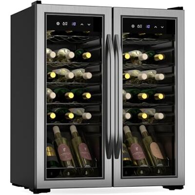 KLARSTEIN Vinamour wine refrigerator 2 zones 36 bottles, 5-18°C, touch control, LED lighting, free-standing, UV protection, stainless steel double door KLARSTEIN Vinamour wine refrigerator 2 zones 36 bottles, 5-18°C, touch control, LED lighting, free-standing, UV protection, stainless steel double door