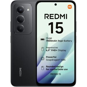 Xiaomi Redmi 15, Smartphone 8+256GB, 6.9" FHD+ 144Hz DotDisplay, Snapdragon 685, 50MP AI dual camera, 7000mAh Battery, Midnight Black, Charger Not Included Xiaomi Redmi 15, Smartphone 8+256GB, 6.9" FHD+ 144Hz DotDisplay, Snapdragon 685, 50MP AI dual camera, 7000mAh Battery, Midnight Black, Charger Not Included