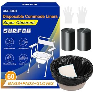 SURFOU Commode Liners with Absorbent Pad 60 Packs, Bedside Commode Disposable Bags, Toilet Bag, Potty Liners, Fits Most Camping Toilet/Portable Toilet/Portable Potty(60 Bags + 60 Sets of Gloves) SURFOU Commode Liners with Absorbent Pad 60 Packs, Bedside Commode Disposable Bags, Toilet Bag, Potty Liners, Fits Most Camping Toilet/Portable Toilet/Portable Potty(60 Bags + 60 Sets of Gloves)