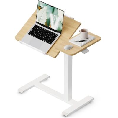 VASAGLE Overbed Table with Wheels, Pneumatic Height Adjustable, Tiltable Laptop Table, 70 x 40 x (68-102.5) cm, Rolling Casters, Home Office, Golden Oak and White, BALOK Collection LSD620YA01 VASAGLE Overbed Table with Wheels, Pneumatic Height Adjustable, Tiltable Laptop Table, 70 x 40 x (68-102.5) cm, Rolling Casters, Home Office, Golden Oak and White, BALOK Collection LSD620YA01