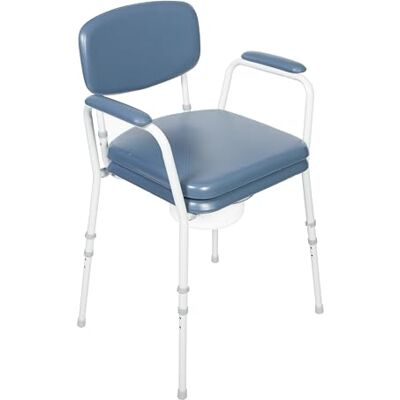NRS Dovedale Comfort Commode – Height Adjustable, Flat-Pack Design with Padded Seat, Arms & Backrest (Blue/White) NRS Dovedale Comfort Commode – Height Adjustable, Flat-Pack Design with Padded Seat, Arms & Backrest (Blue/White)