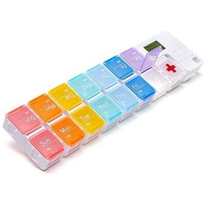 QOONESTL Portable Pill Box with Smart Reminder Alarm, 14 Grids Intelligent Electronic Digital Timer AM and PM Medicine Dispenser, Weakly Pill Organiser for Outdoor Travel Work QOONESTL Portable Pill Box with Smart Reminder Alarm, 14 Grids Intelligent Electronic Digital Timer AM and PM Medicine Dispenser, Weakly Pill Organiser for Outdoor Travel Work