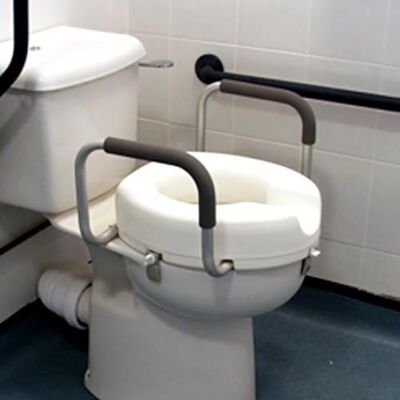 Kozee Komforts Economy Raised Toilet Seat 4" (100mm) Complete with Handles Safety Arms Help with Stability Adjustable to Fit Ergonomical Design with Contoured Surface Kozee Komforts Economy Raised Toilet Seat 4" (100mm) Complete with Handles Safety Arms Help with Stability Adjustable to Fit Ergonomical Design with Contoured Surface