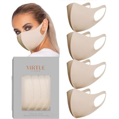 VIRTUE CODE Second Skin BEige Cloth Face Mask Pack with Adjustable Ear Loops. 4 Buttery Soft Masks Washable Fabric BEige Face Mask Reusable. Stretchy, Comfortable, Fresh Facemask VIRTUE CODE Second Skin BEige Cloth Face Mask Pack with Adjustable Ear Loops. 4 Buttery Soft Masks Washable Fabric BEige Face Mask Reusable. Stretchy, Comfortable, Fresh Facemask