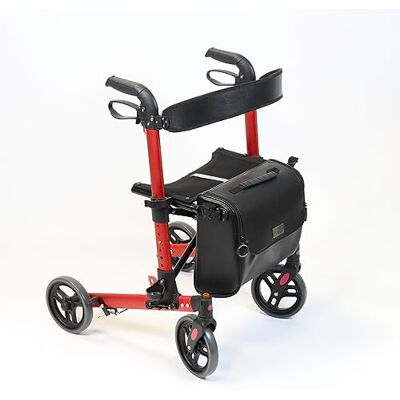 NRS Compact Easy Lightweight Folding 4 Wheeled Rollator Walking Aid with Seat, Backrest and Removable Bag, Red NRS Compact Easy Lightweight Folding 4 Wheeled Rollator Walking Aid with Seat, Backrest and Removable Bag, Red