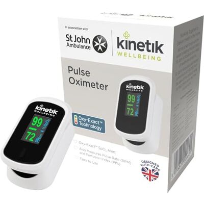 Kinetik Medical Kinetik Wellbeing Finger Pulse Oximeter Heart Rate Monitor, Blood Oxygen Saturation Monitor for Adults & Kids, Accurate Oxy-Exact Alert In Association with St John Ambulance Kinetik Medical Kinetik Wellbeing Finger Pulse Oximeter Heart Rate Monitor, Blood Oxygen Saturation Monitor for Adults & Kids, Accurate Oxy-Exact Alert In Association with St John Ambulance