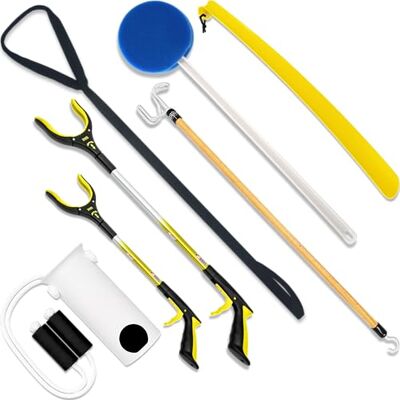 RMS 7-Piece Hip Knee Replacement Kit with Leg Lifter, 19 and 32 inch Rotating Reacher Grabber, Long Handle Shoe Horn, Sock Aid, Dressing Stick, Bath Sponge Ideal for Knee or Back Surgery Recovery RMS 7-Piece Hip Knee Replacement Kit with Leg Lifter, 19 and 32 inch Rotating Reacher Grabber, Long Handle Shoe Horn, Sock Aid, Dressing Stick, Bath Sponge Ideal for Knee or Back Surgery Recovery