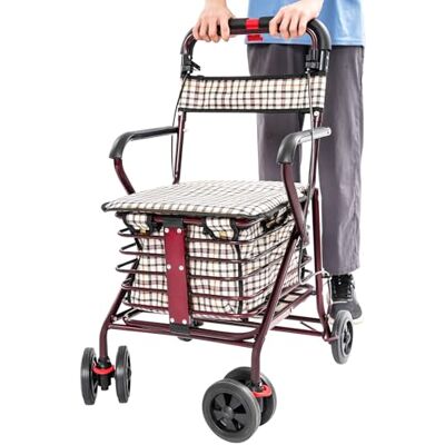 MIIWWOWO Shopping Trolley with Seat 48x40cm Foldable Rolling Mobility Walker with 4 Wheels and Storage Bag More Convenient Walking Aids for Adults Elderly Shopping (Burgundy) MIIWWOWO Shopping Trolley with Seat 48x40cm Foldable Rolling Mobility Walker with 4 Wheels and Storage Bag More Convenient Walking Aids for Adults Elderly Shopping (Burgundy)
